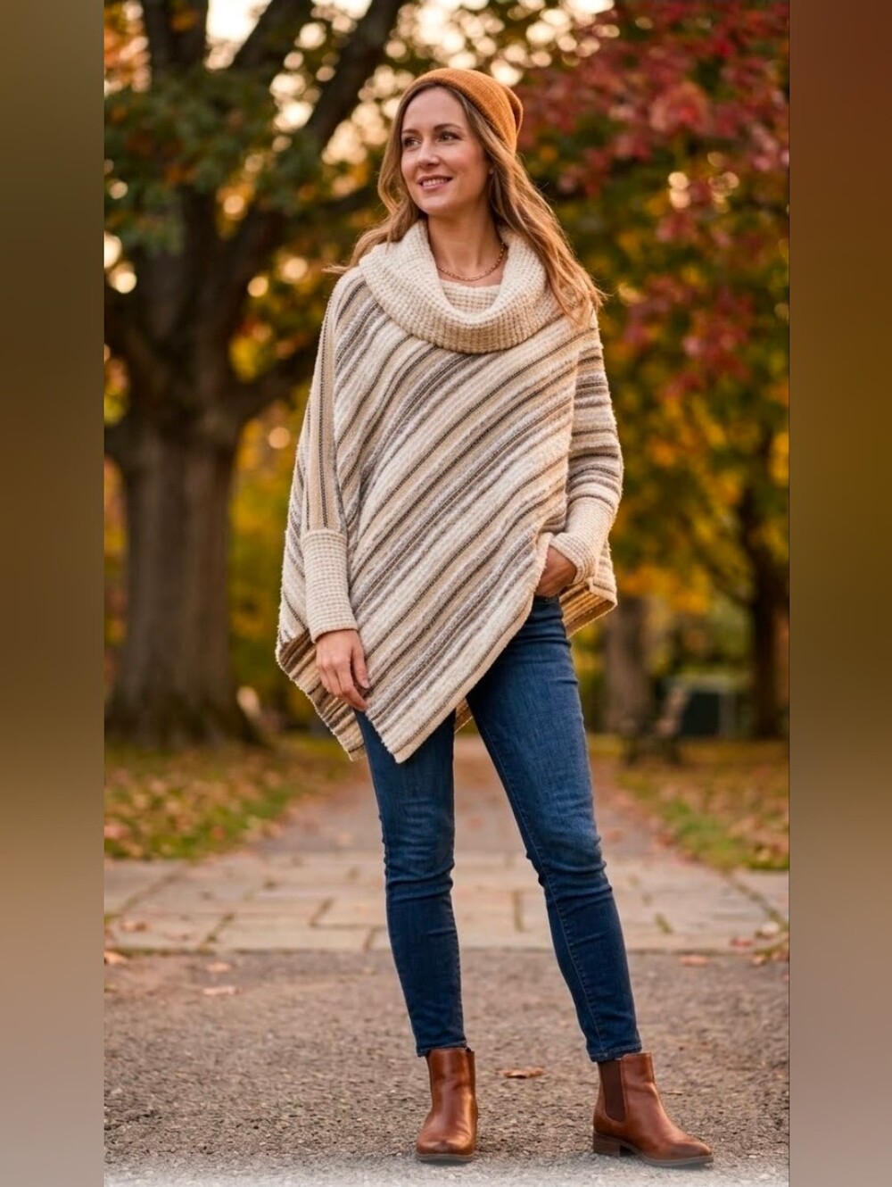 Roz & Ali Textured Striped Cowl Neck Poncho Sweater - Medium